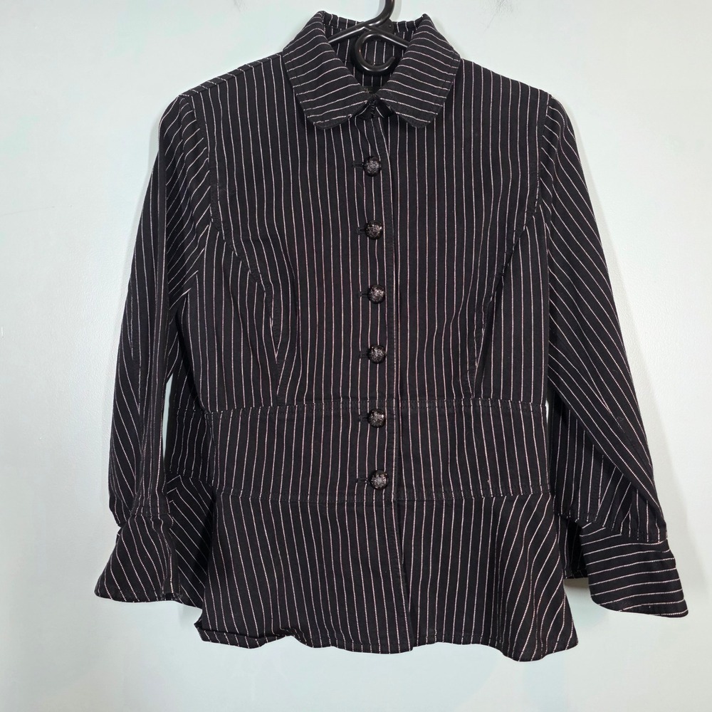 Lauren Ralph Lauren Pinstripe Button Down Jacket Black White Cotton Size 12